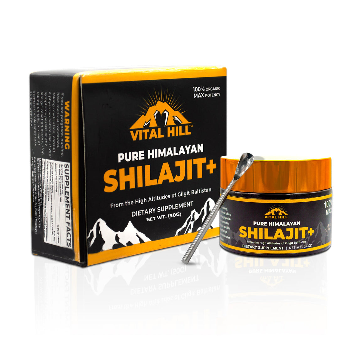 Vital Hill Himalayan Shilajit resin jar, retail box and serving spoon