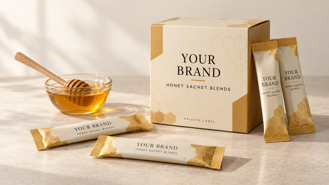 Example private-label Honey Sachet Blends packaging mockup